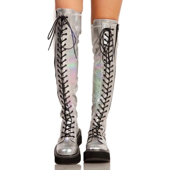 Demonia Silver Holographic Combat over the knee Boots size 6 women’s - Picture 3 of 15
